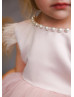 Feather Sleeve Blush Satin Tulle V Back Flower Girl Dress